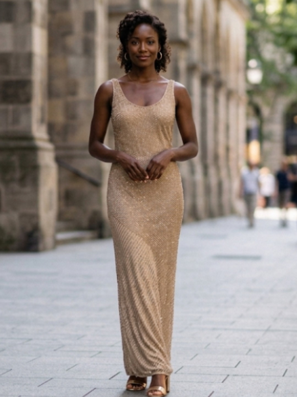 Aidan Mattox Sleeveless Maxi Dress in Gold-Beige Sequin